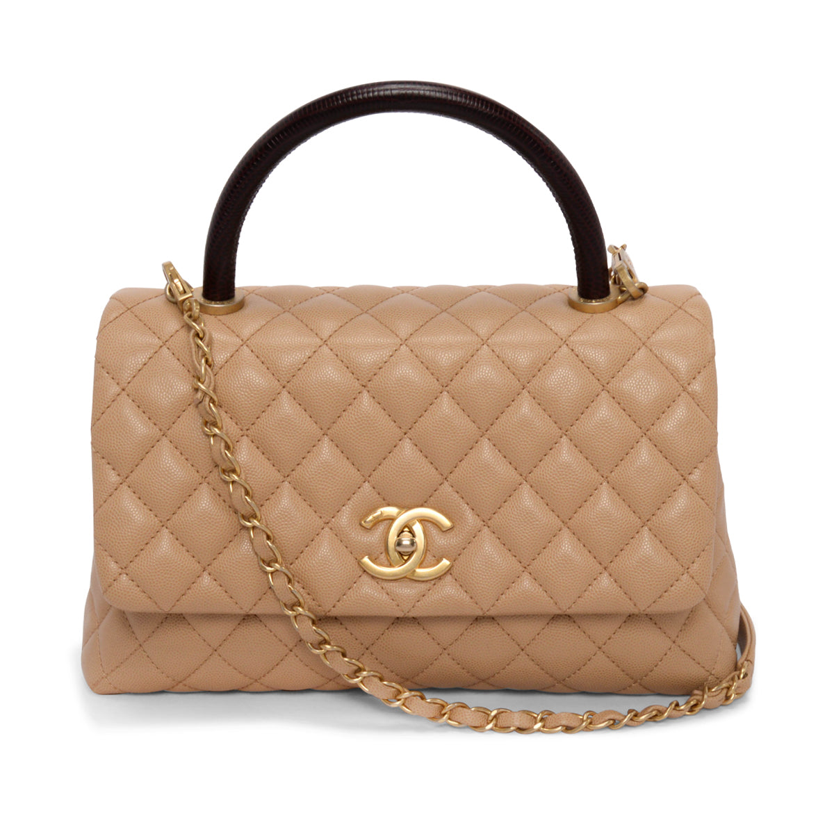 Chanel Beige & Burgundy Caviar & Lizard Medium Coco Handle Bag
