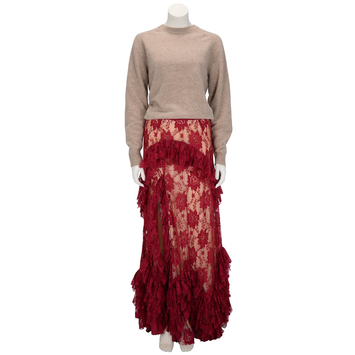 Galliano Scarlet Red Lace Maxi Split Skirt IT 40