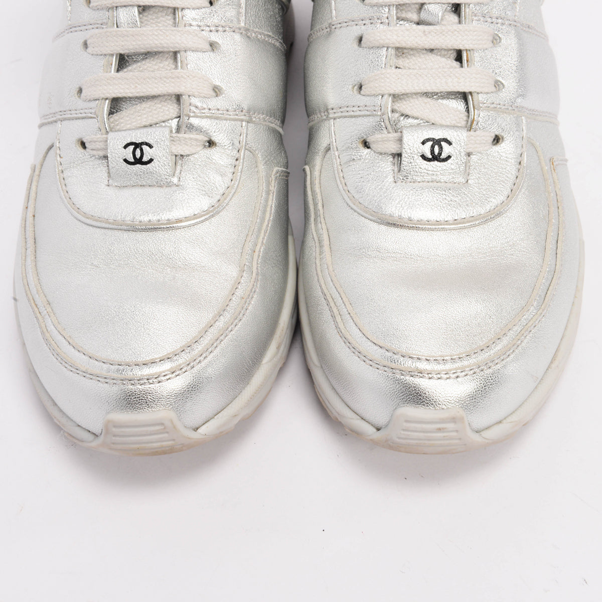 Chanel Silver Metallic Leather High Top Sneakers 39