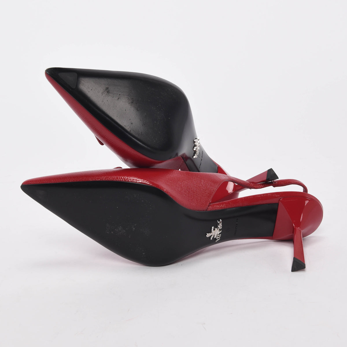 Prada Red Patent Saffiano Logo Slingback Pumps 40