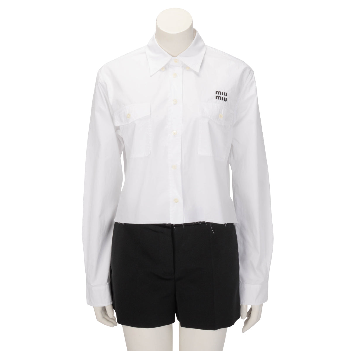 Miu Miu White Cotton Logo Embroidered Cropped Poplin Shirt IT 40