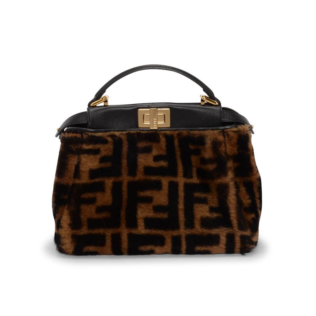Fendi Tobacco & Black FF Shearling & Nappa Mini Peekaboo Bag
