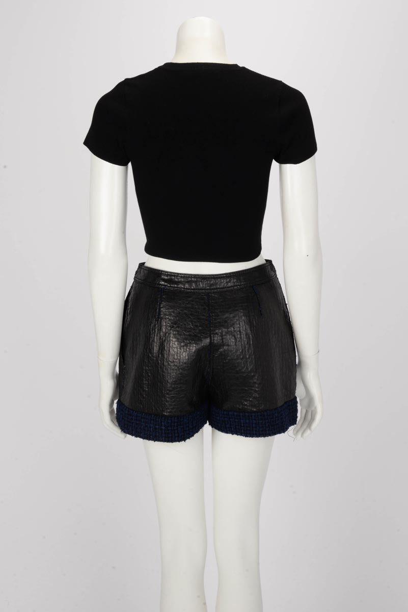 Chanel Black & Blue Leather Embossed Tweed Shorts FR 38