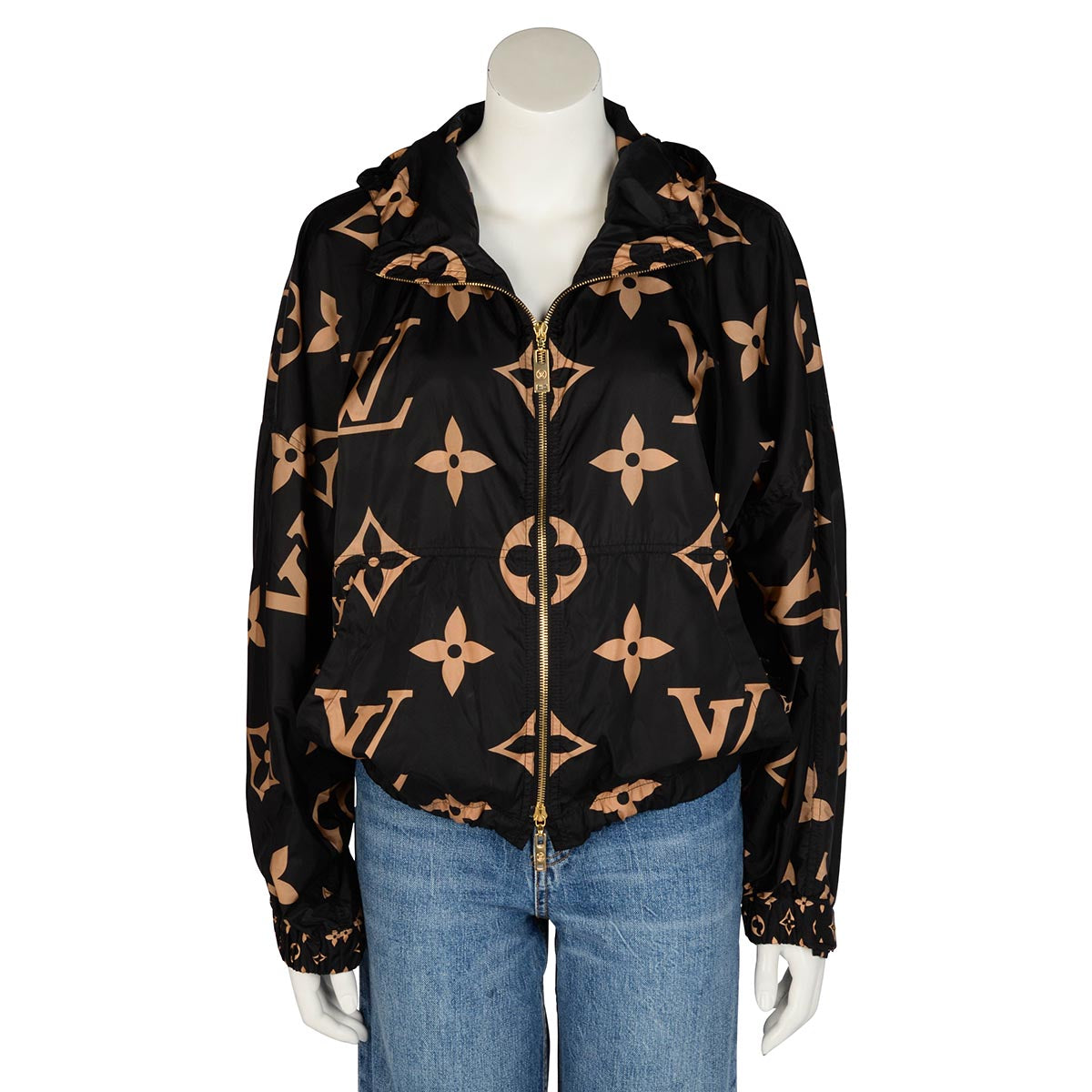 Louis Vuitton Black & Tan Nylon Monogram Hooded Jacket FR 42