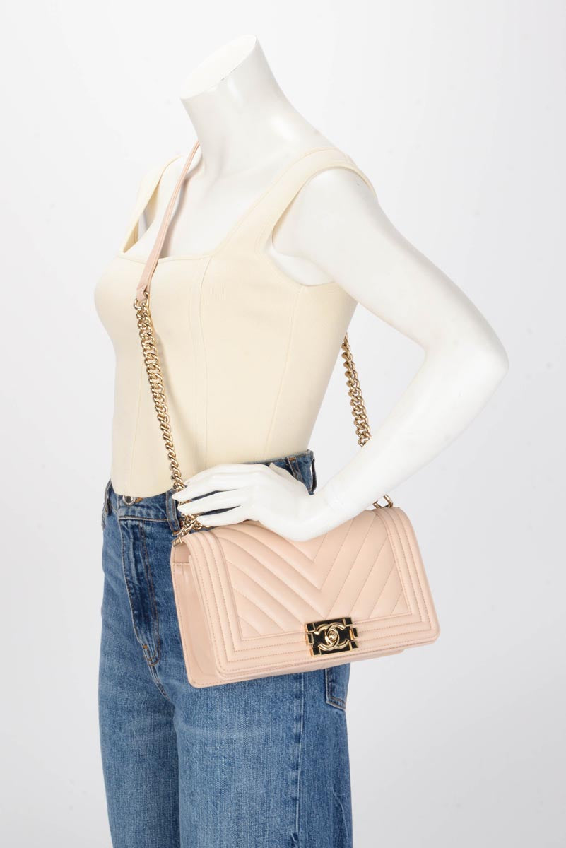 Chanel Beige Chevron Lambskin Old Medium Boy Bag