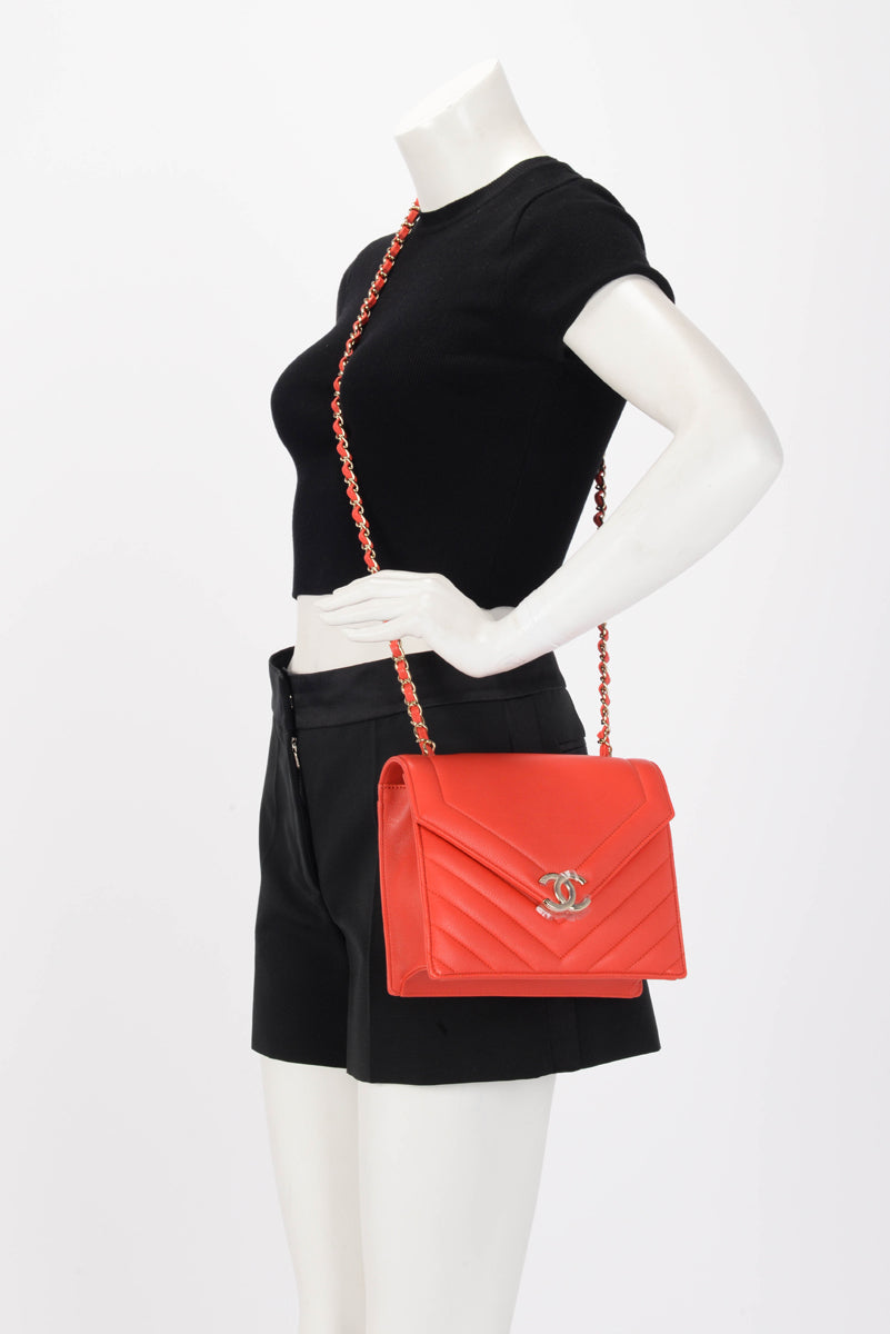 Chanel Red Chevron Calfskin Small Envelope Flap Bag