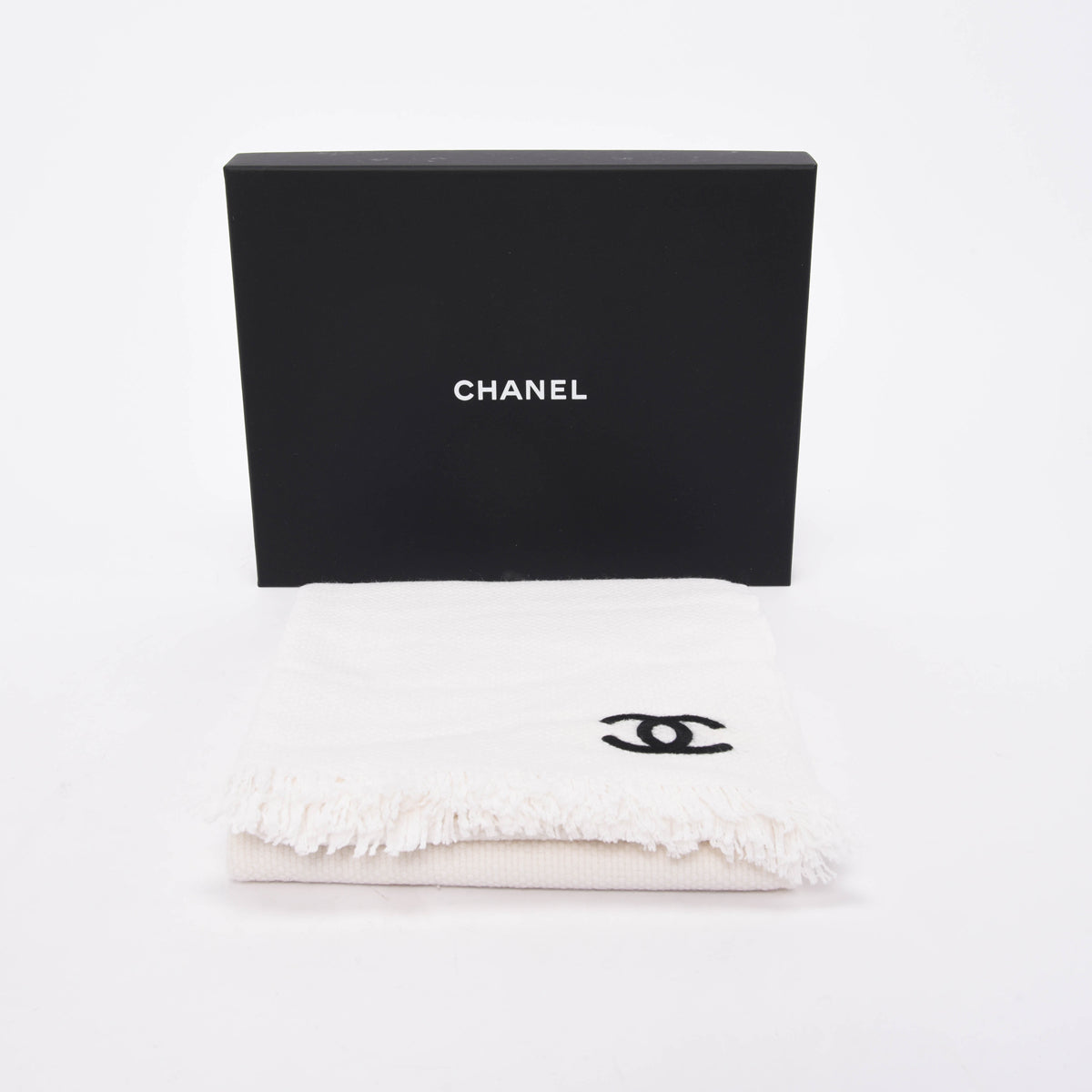 Chanel White & Black Cashmere CC Fringed Scarf