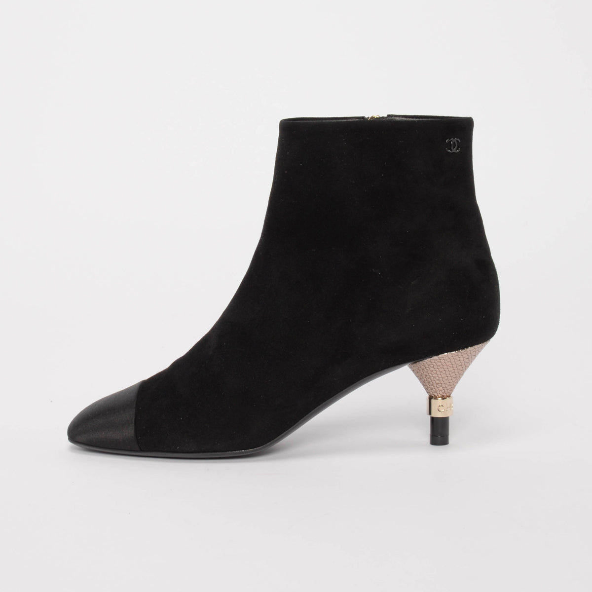 Chanel Black Suede & Satin Cap Toe Short Boots 38.5