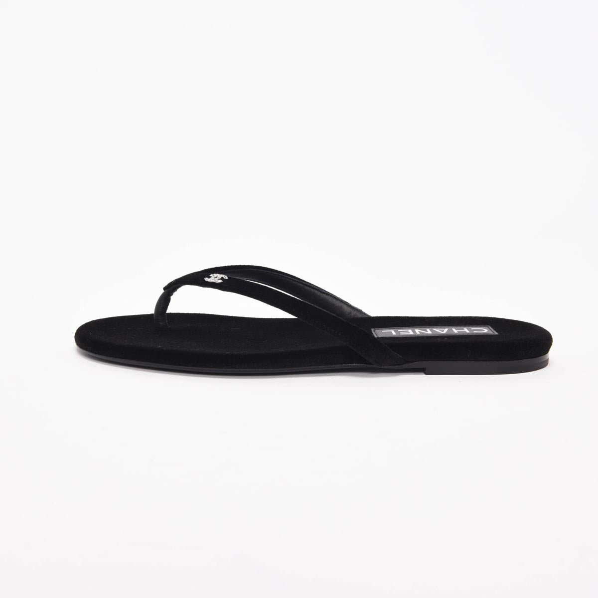Chanel Black Velvet Crystal CC Thong Sandals 38.5