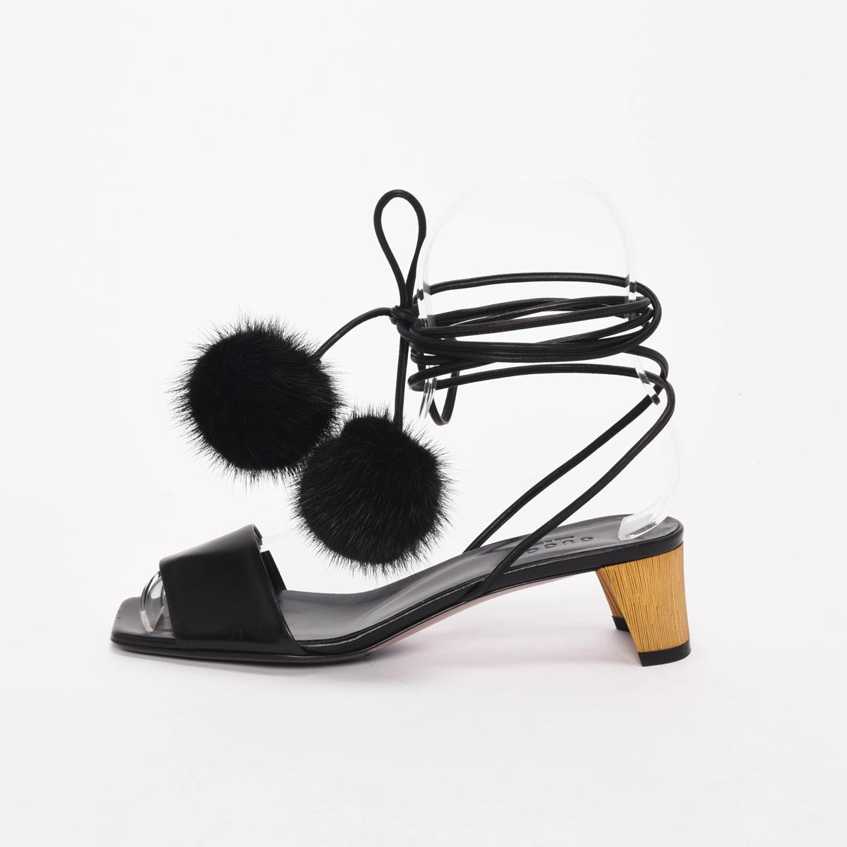 Gucci Black Fur Heloise Pom Pom Sandals 35.5