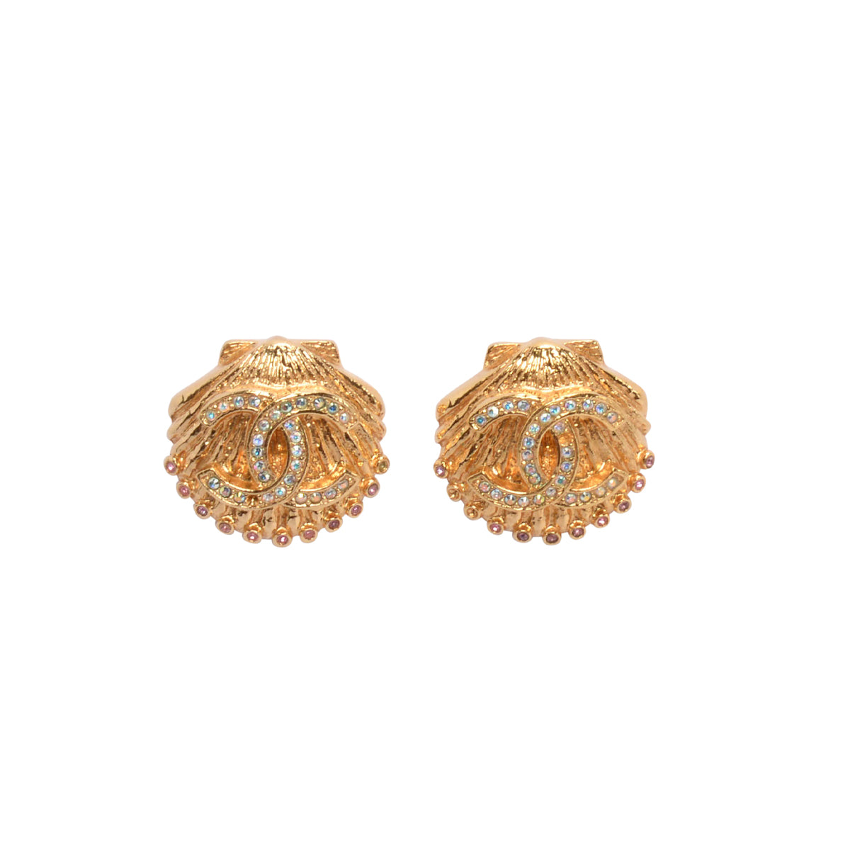 Chanel Gold Crystal CC Shell Earrings