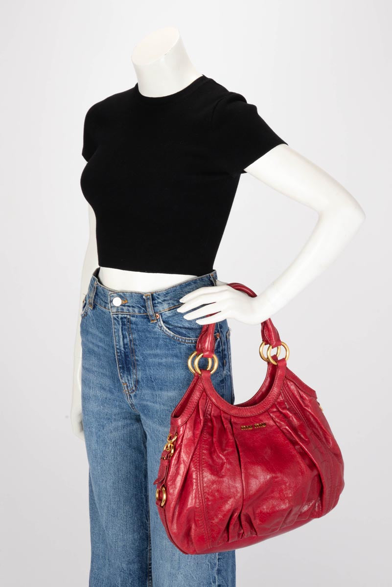 Miu Miu Red Vitello Pleated Hobo Bag