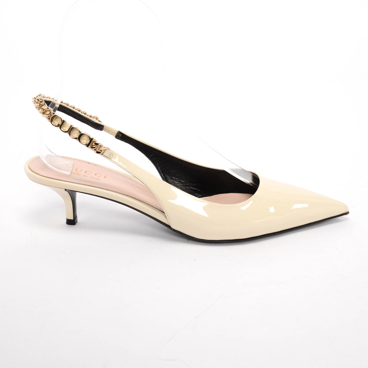 Gucci Ivory Patent Signoria Chain Slingback Pumps 39.5