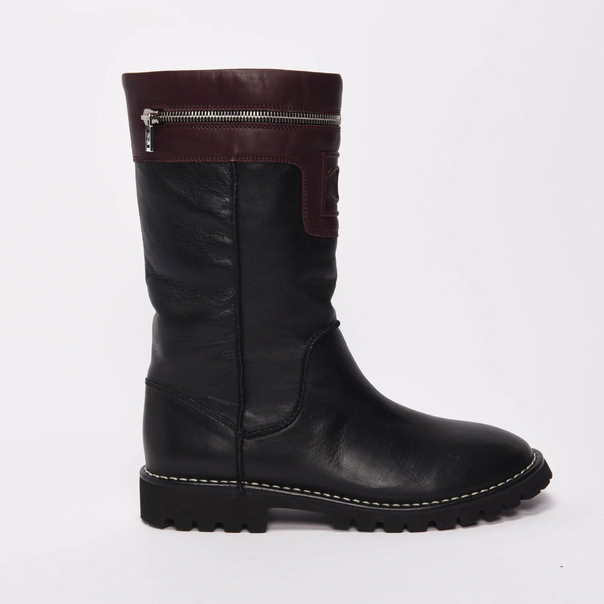 Chanel Black & Burgundy Calfskin Motorcycle Zipper Boots 40