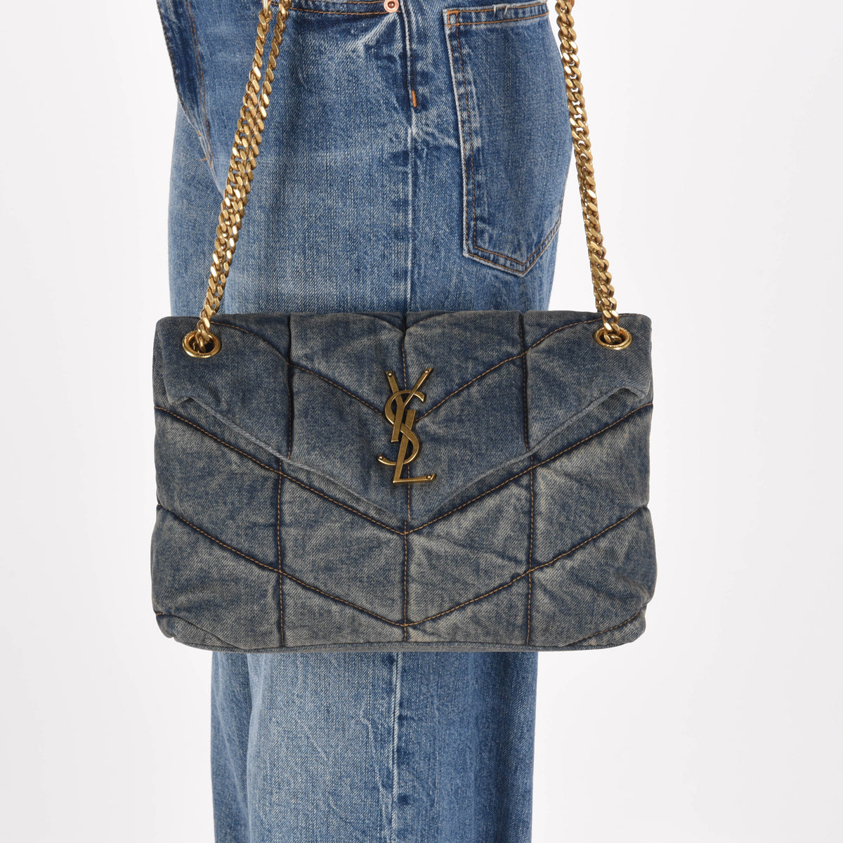 Saint Laurent Washed Blue Denim Small Puffer Lou Bag