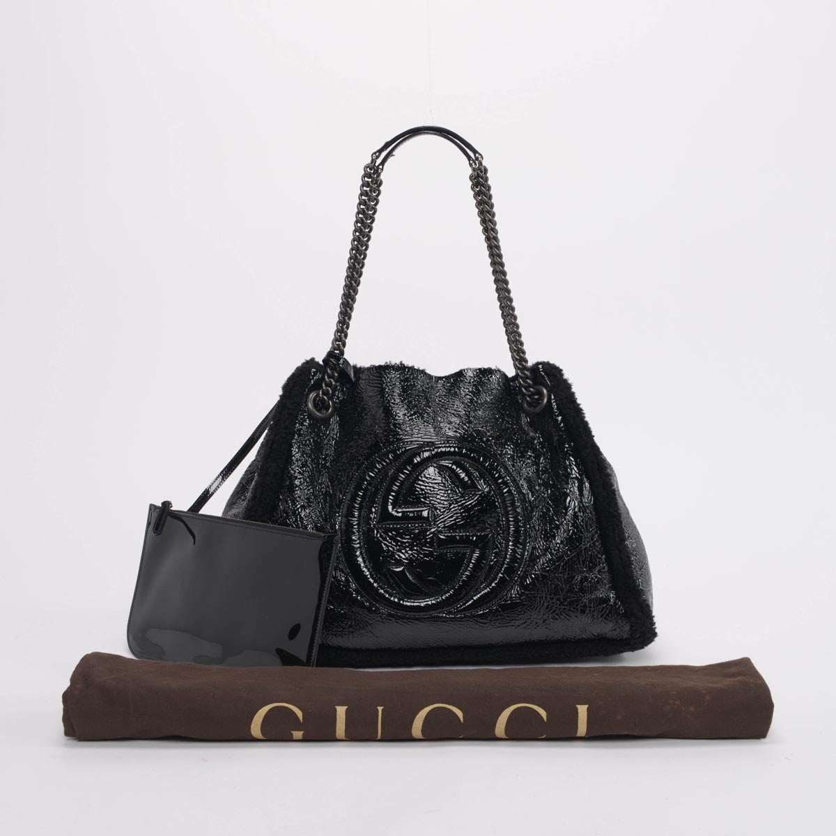 Gucci Black Patent Shearling Soho Chain Shoulder Bag