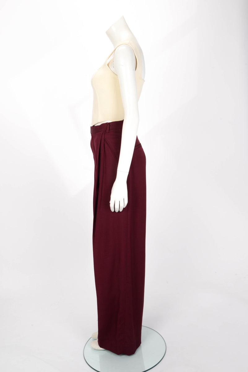 Victoria Beckham Burgundy Crepe Wide Leg Pants UK 8