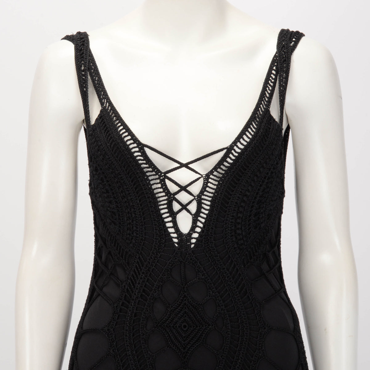 Ralph Lauren Black Crochet Fringed Evening Gown M