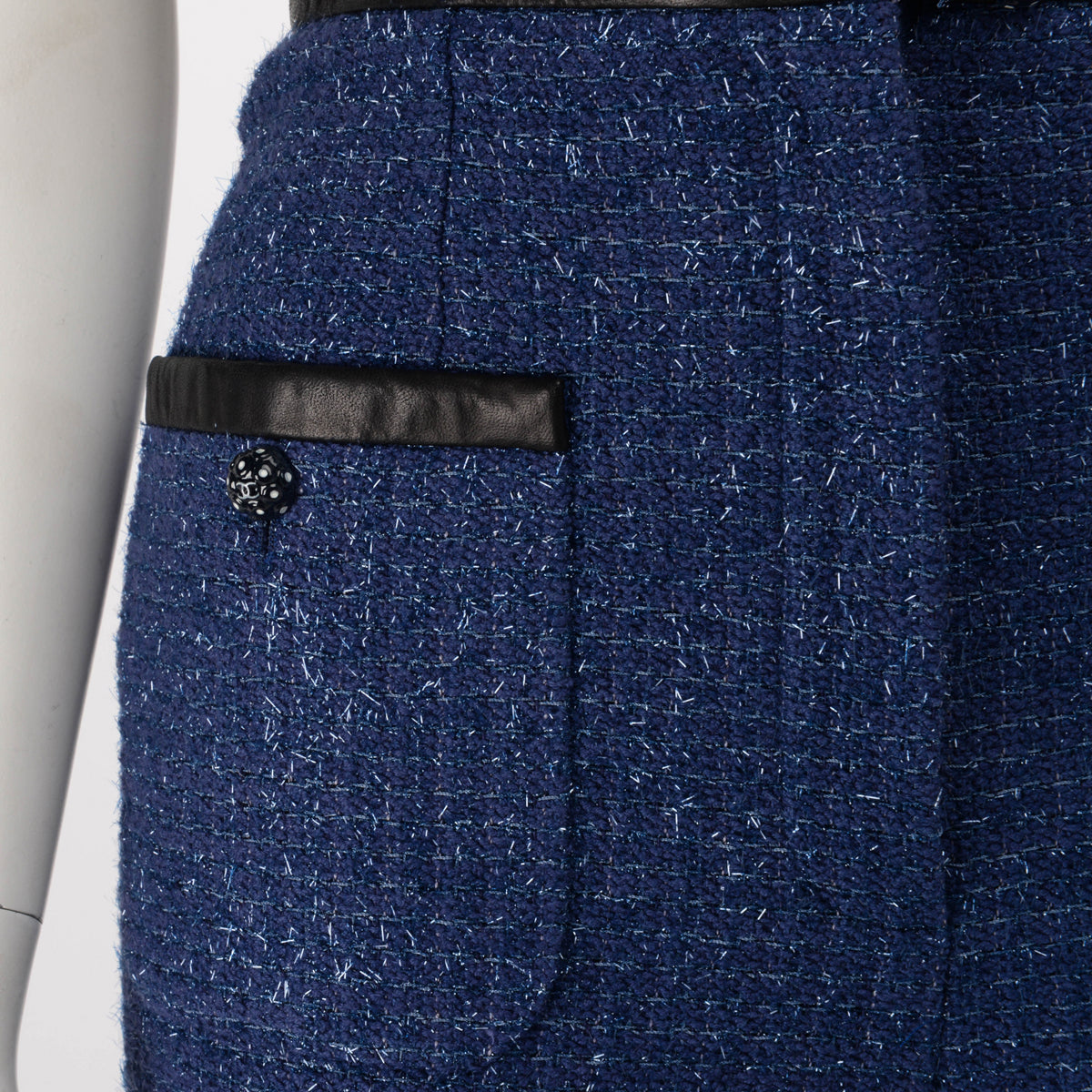 Chanel Blue Glitter Tweed & Leather Wide Leg Pants FR 34