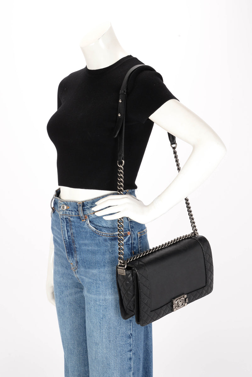 Chanel Black Calfskin Old Medium Reverso Boy Bag