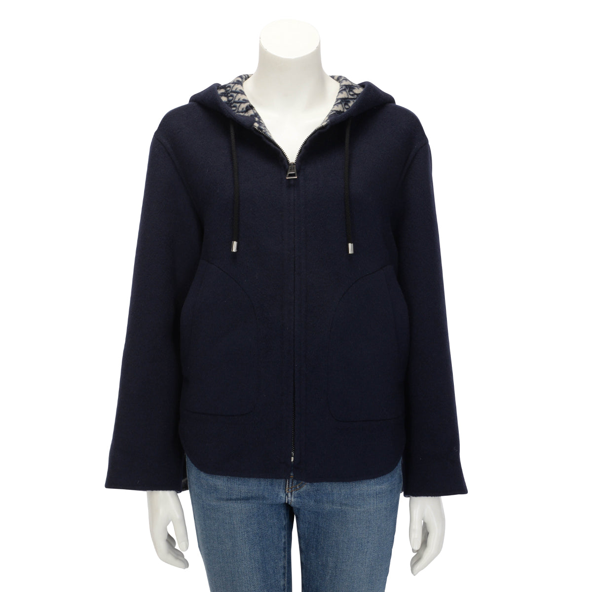 Dior Navy Wool Oblique Lined Hooded Zip Jacket FR 38