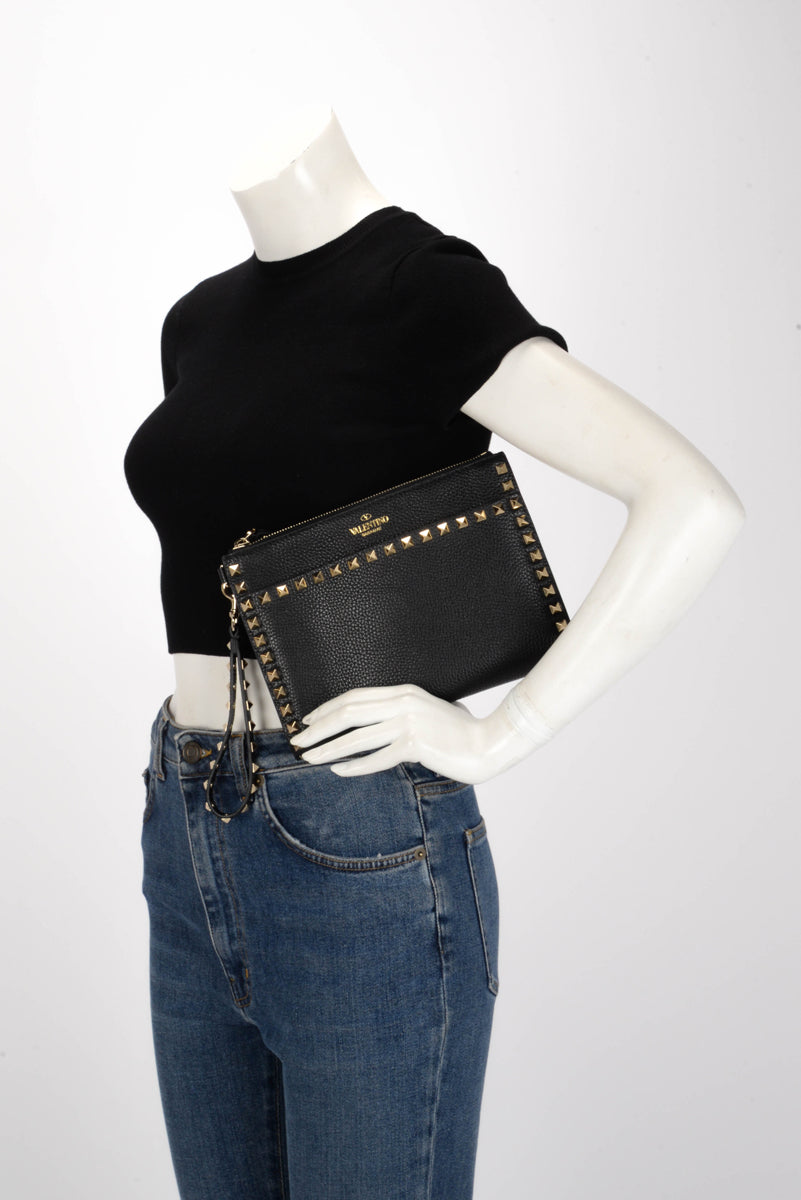 Valentino Black Grained Calfskin Rockstud Wristlet Pouch