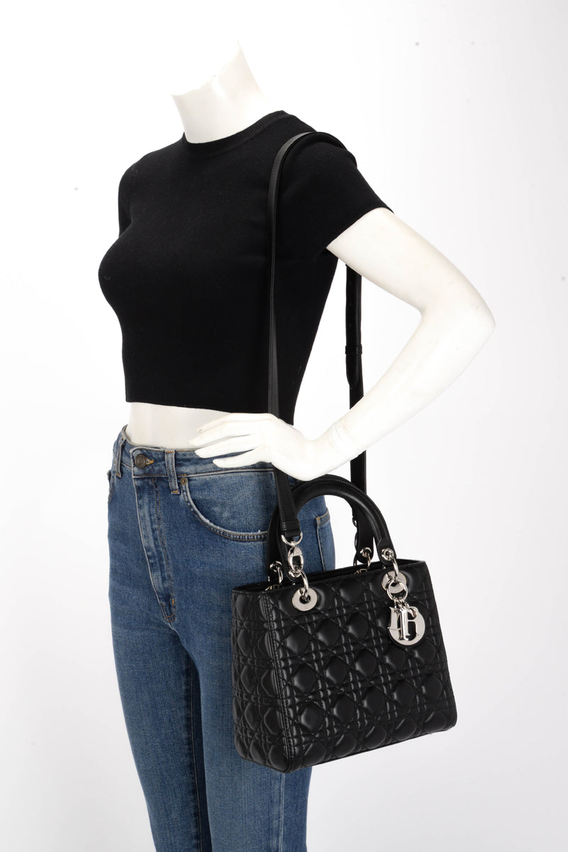 Dior Black Lambskin Cannage Medium Lady Dior Bag