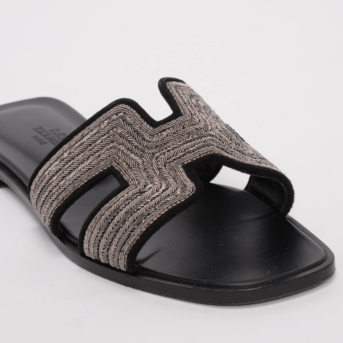 Hermes Black Suede Dabka Embroidered Oran Sandals 37