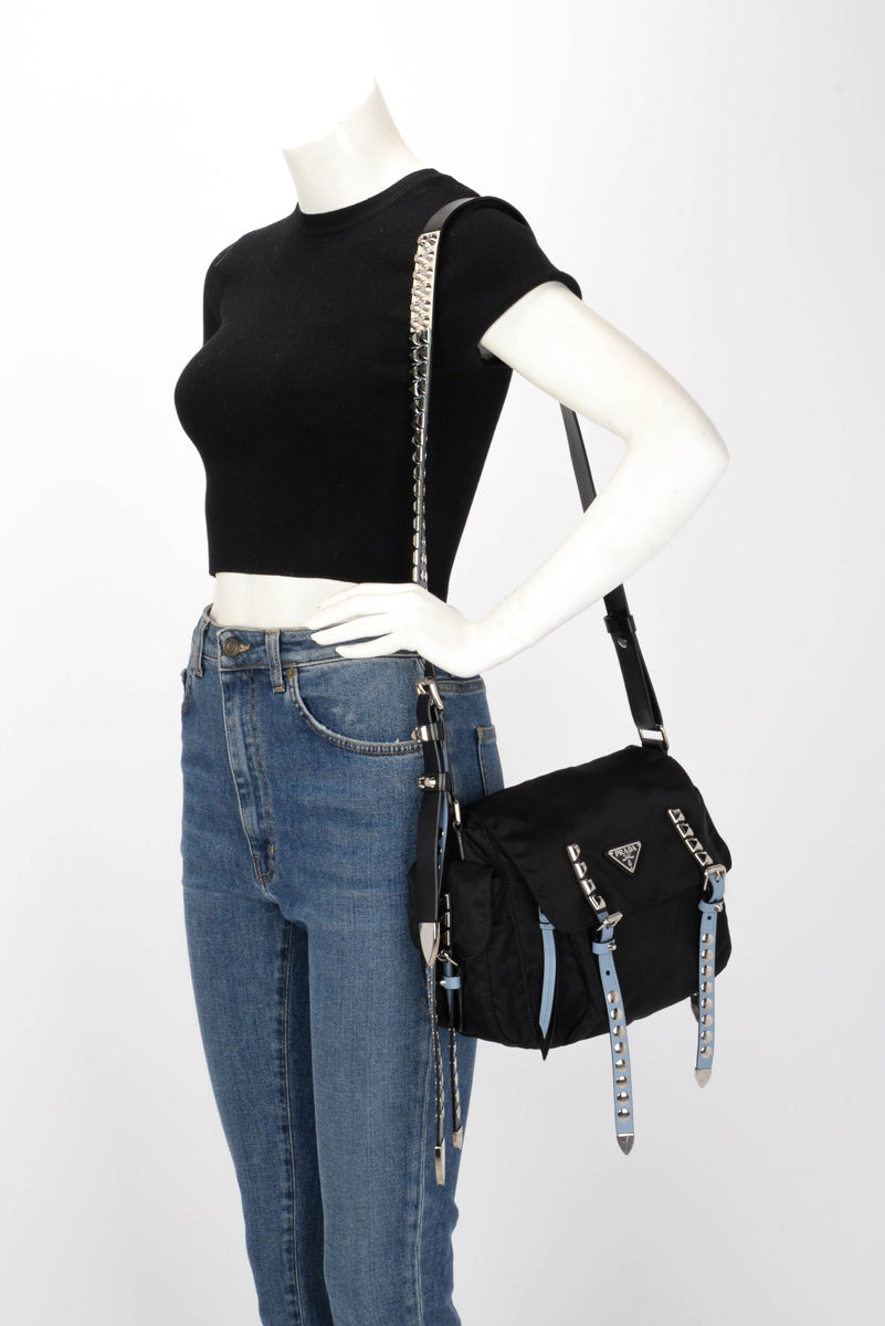 Prada Black Nylon New Vela Studded Messenger Bag