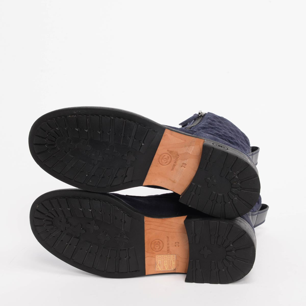 Chanel Navy Quilted Suede Lace Up CC Combat Boots 38