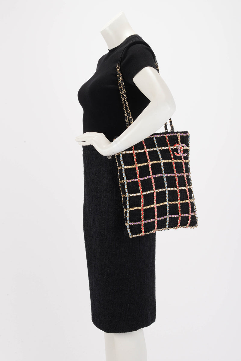 Chanel Black Tweed & Rainbow Chain Large Shopping Tote