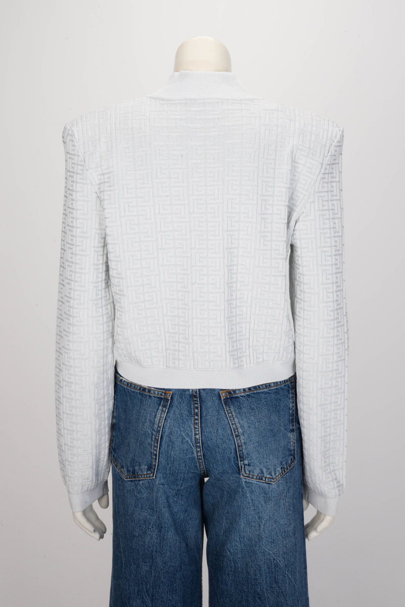 Balmain Light Blue Jacquard Knit Monogram Zip Jacket FR 46