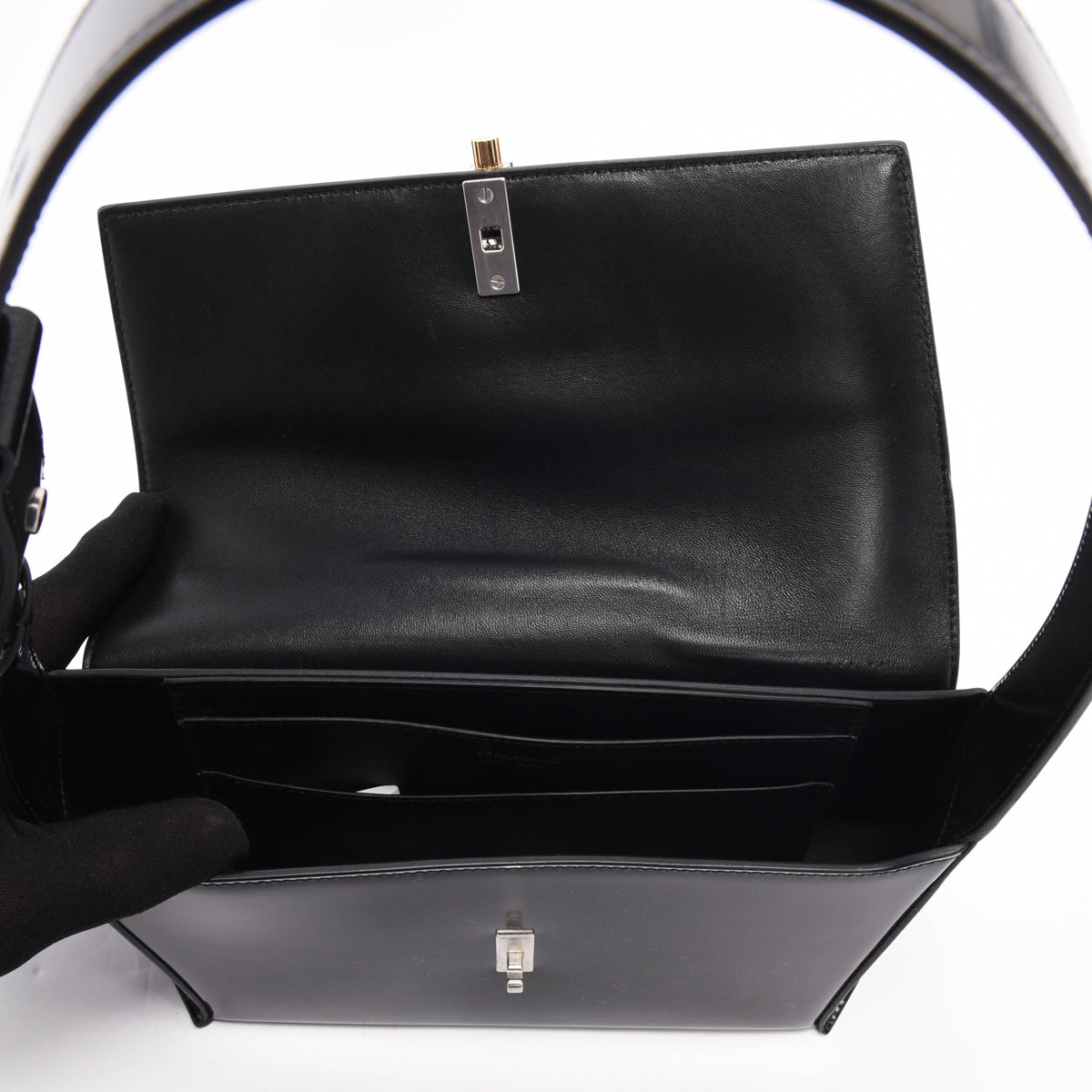 Ferragamo Black Calfskin Geometric Shoulder Bag