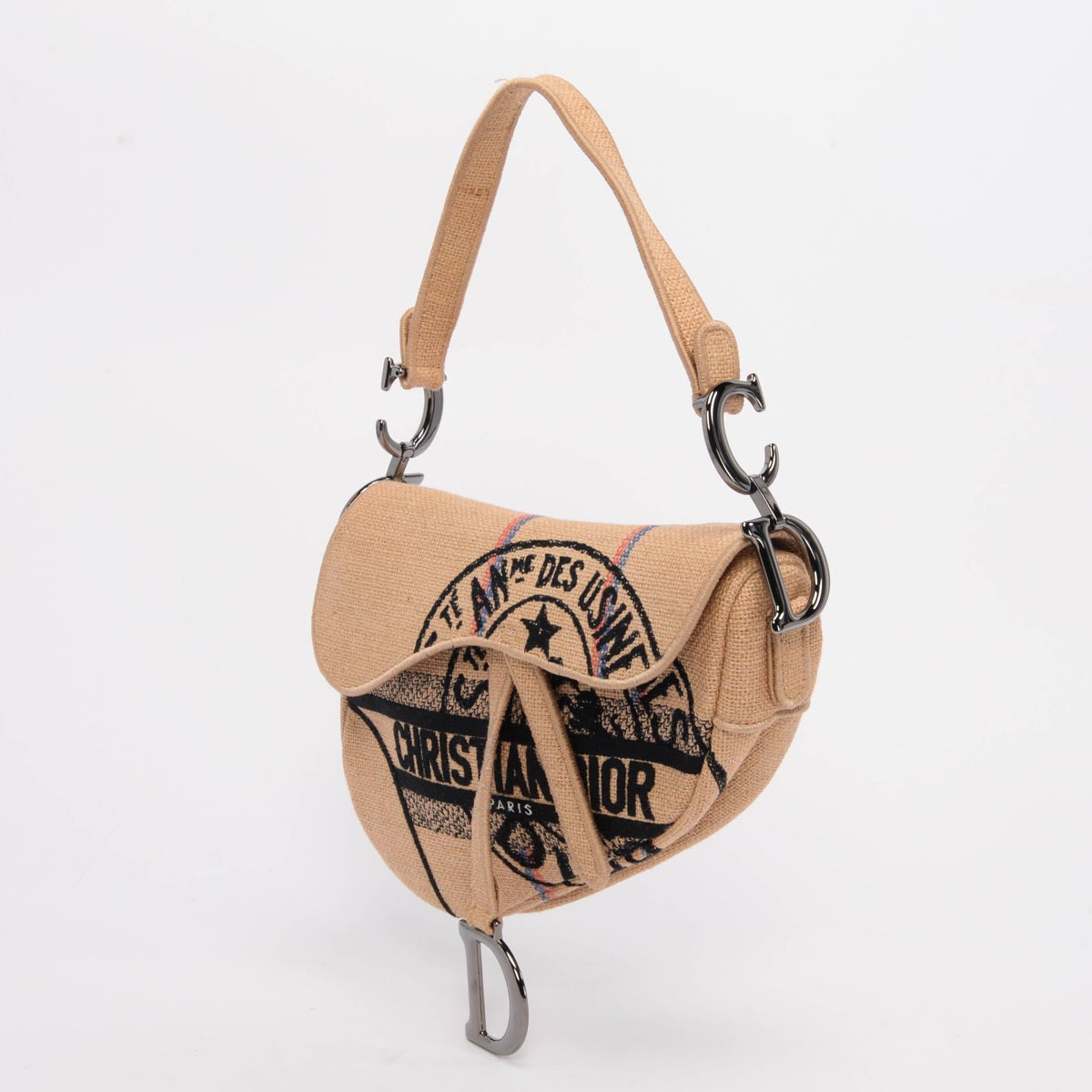 Dior Beige Woven Raffia Embroidered Saddle Bag