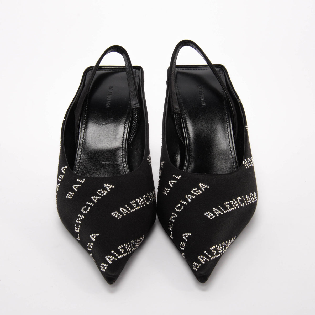 Balenciaga Black Satin Square Knife Crystal Logo Slingbacks 38
