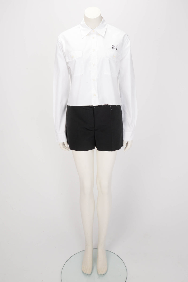 Miu Miu White Cotton Logo Embroidered Cropped Poplin Shirt IT 40