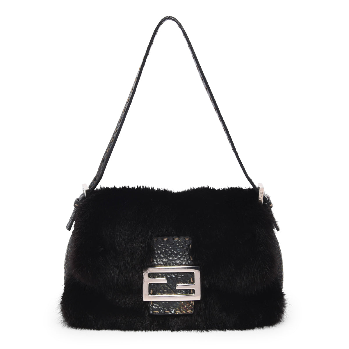 Fendi Black Fur Selleria Mini Baguette Bag