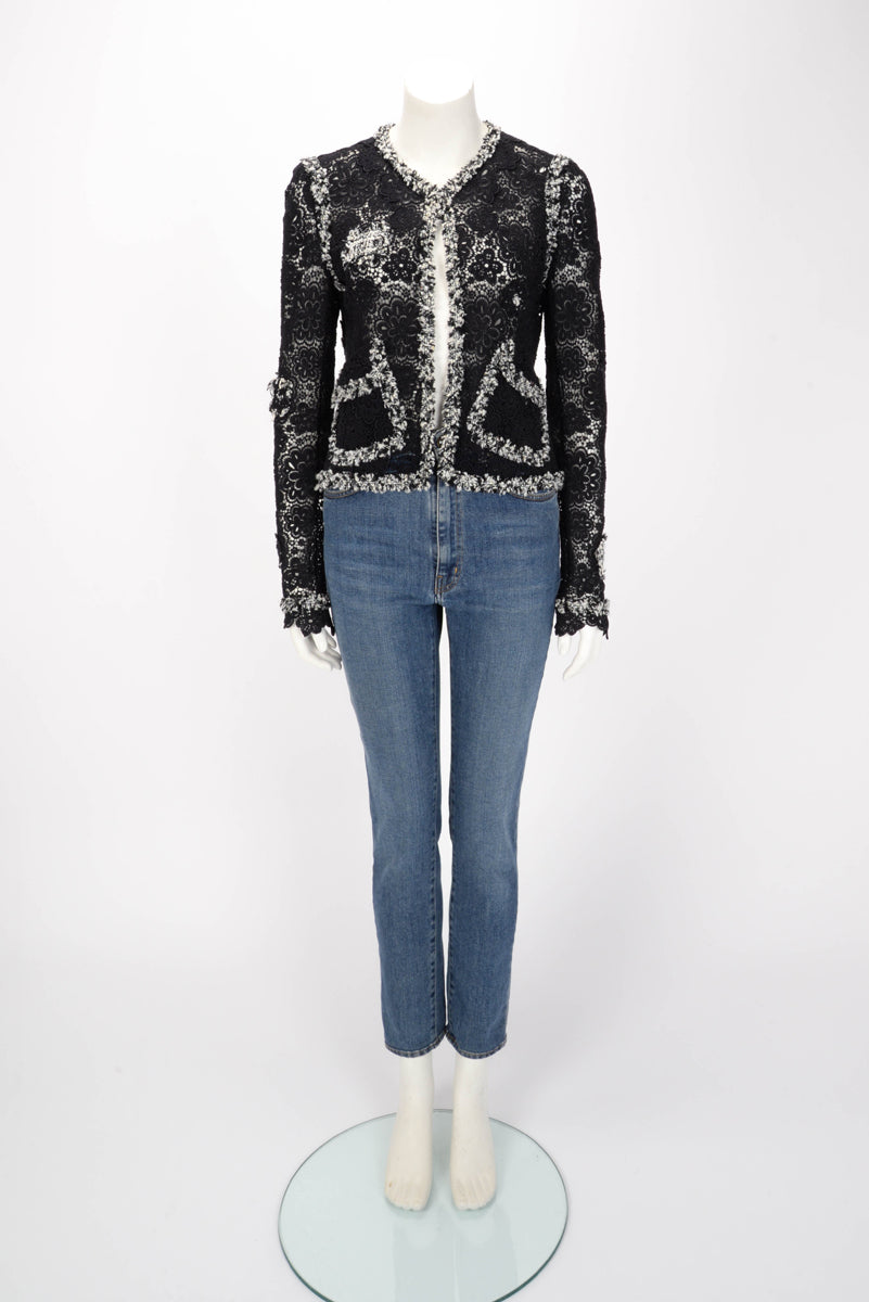 Chanel Black & White Lace Applique Jacket FR 40