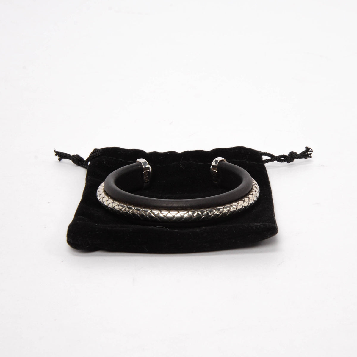 Bottega Veneta Black Leather & Silver Intrecciato Cuff