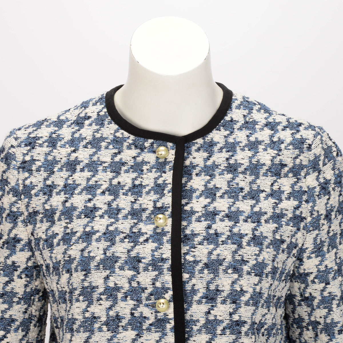 Dior Blue & White Houndstooth Tweed Cropped Jacket FR 38