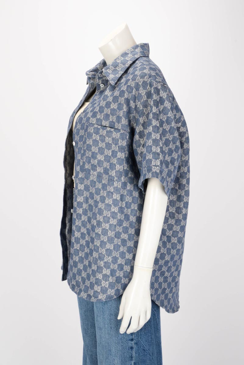 Gucci Blue Linen Jacquard GG Shirt IT 40