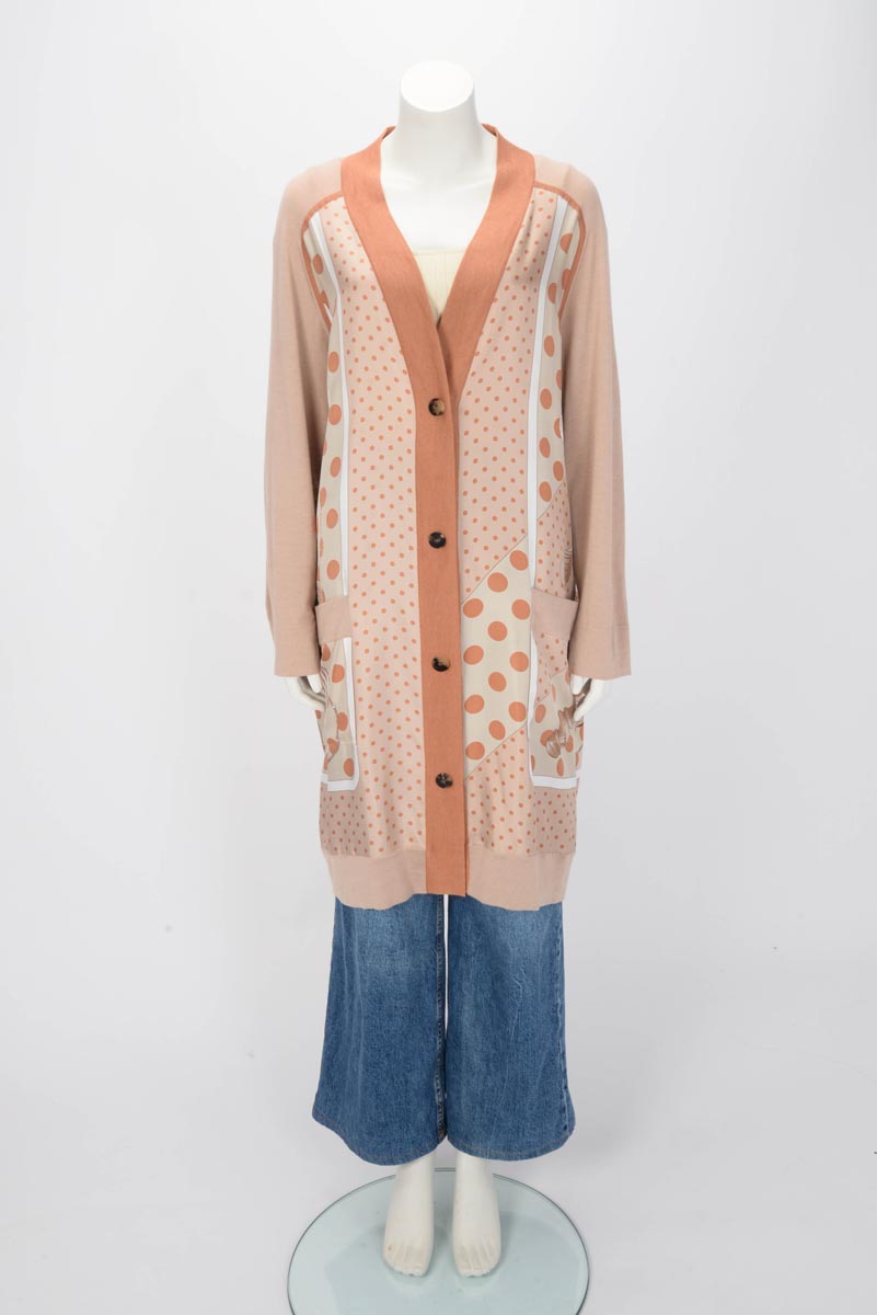 Hermes Nude Clic Clac a Pois Long Twillaine Cardigan FR 46