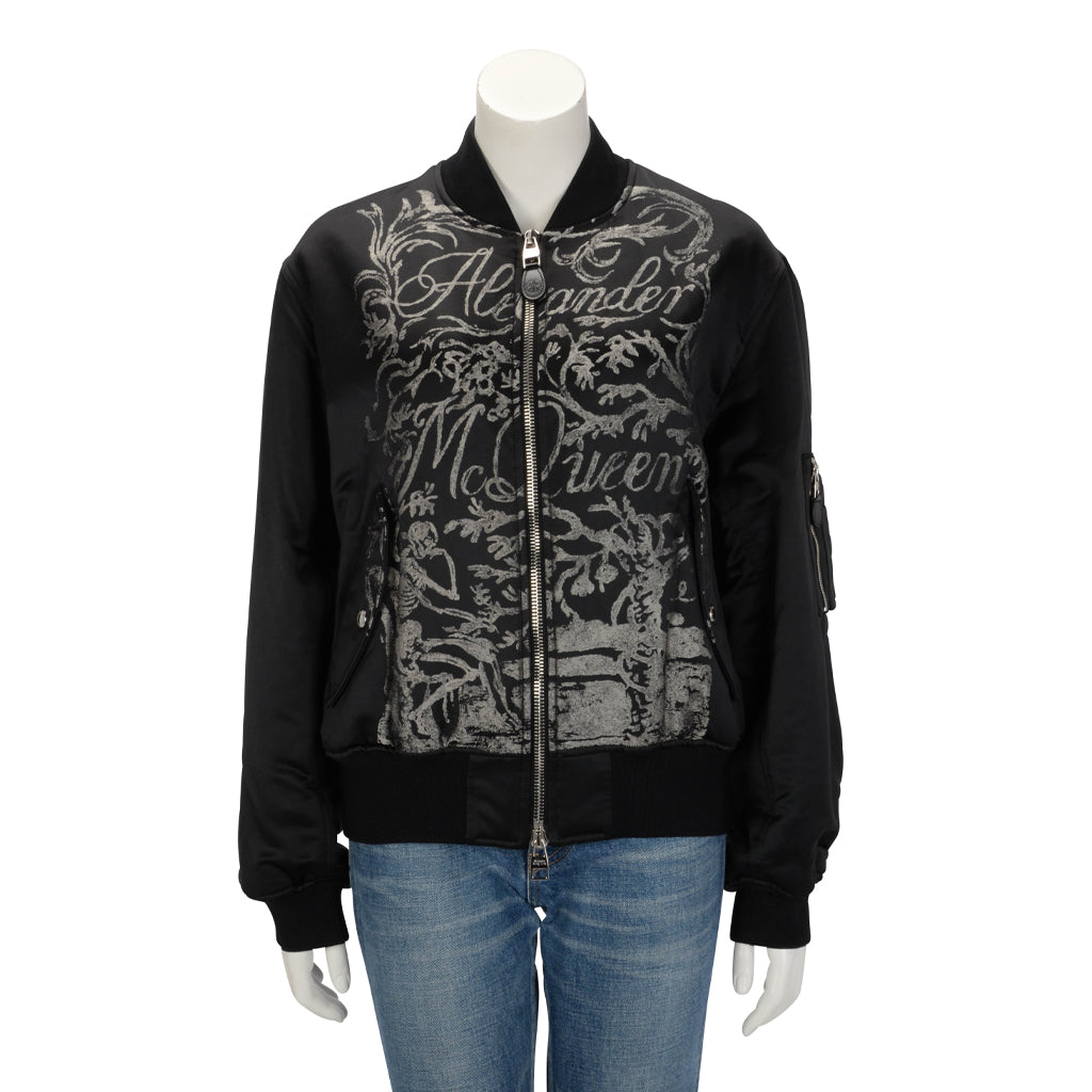 Alexander McQueen Black Nylon Blake Illustration Bomber Jacket IT 48