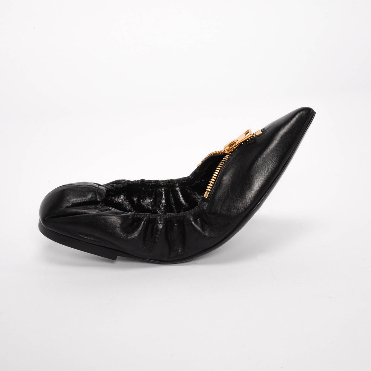 Tom Ford Black Leather Zip-Front Ballerina Flats 37