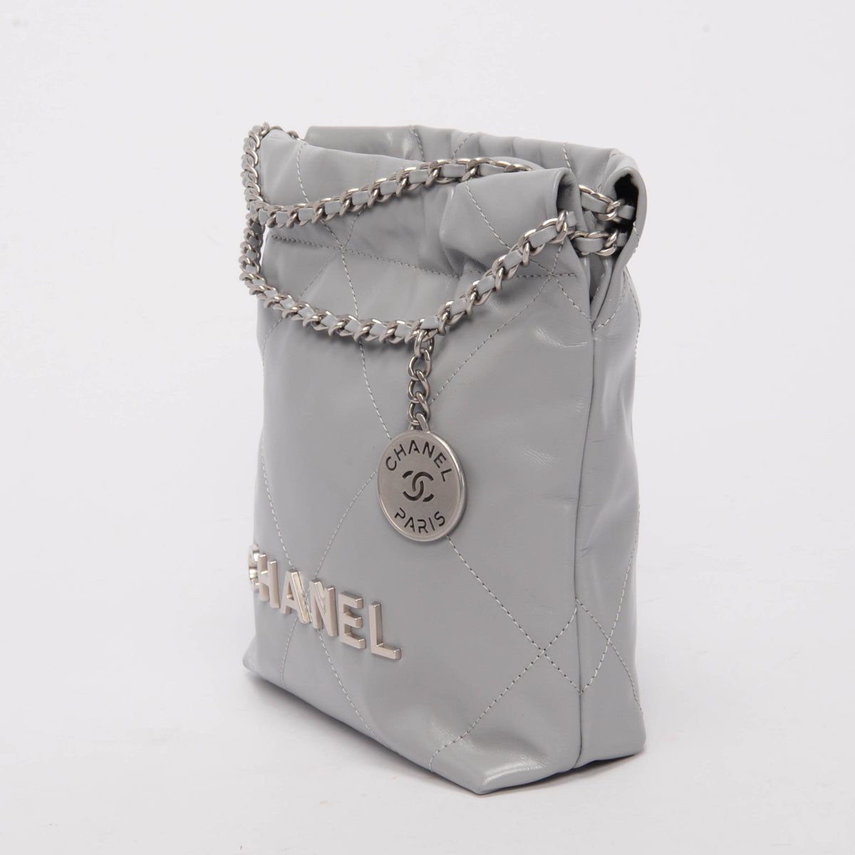 Chanel Light Grey Shiny Calfskin Mini 22 Bag