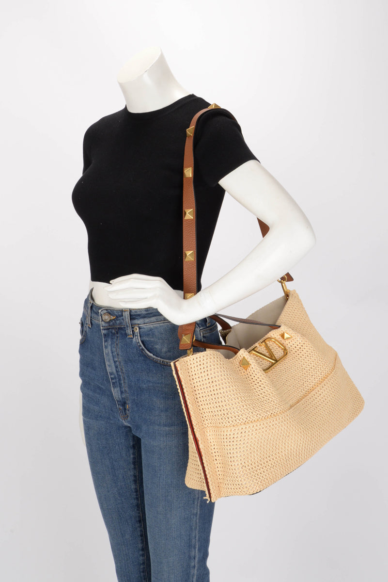 Valentino Tan Calfskin & Raffia Medium Rockstud VLogo Tote