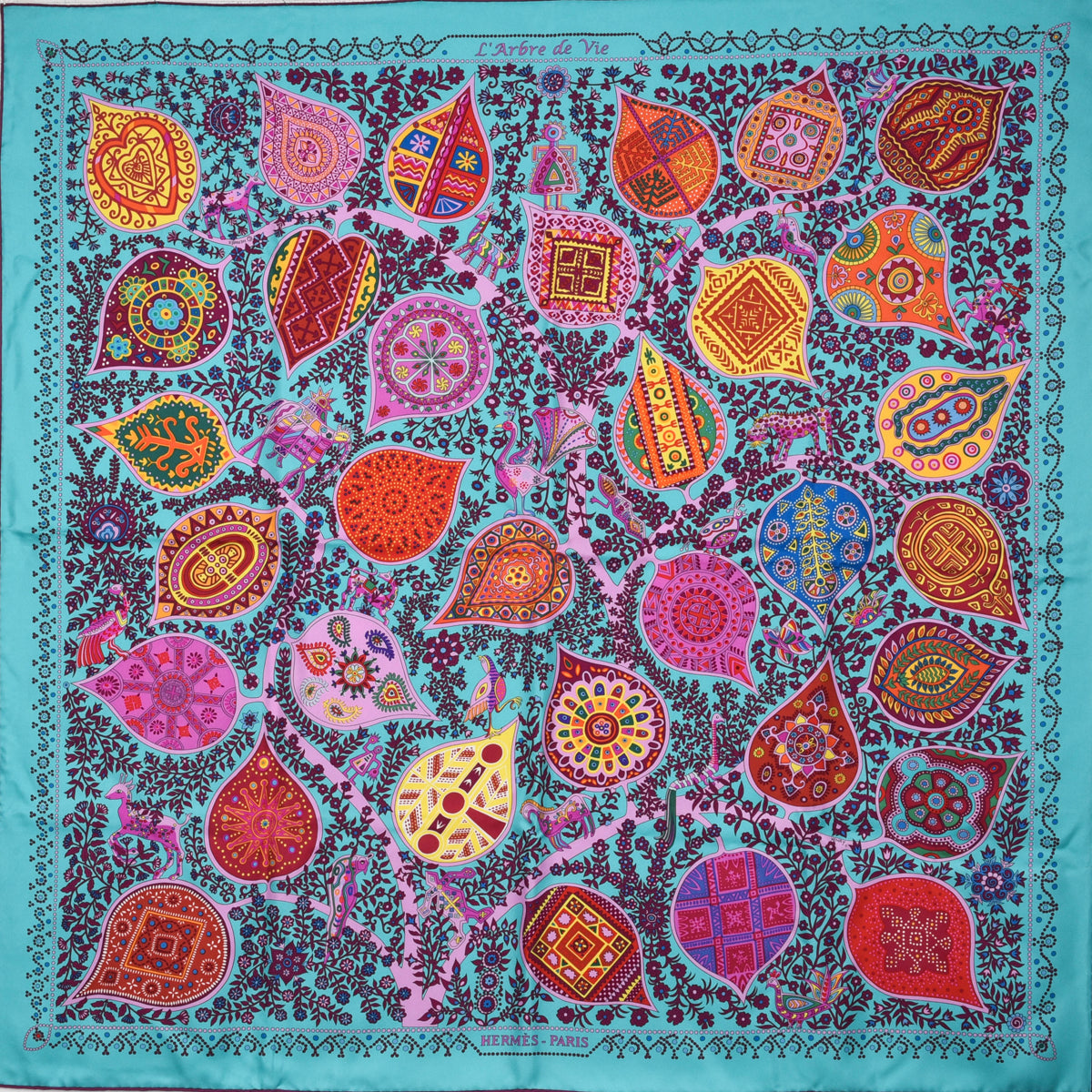 Hermes Teal Silk L'Arbre de Vie Scarf