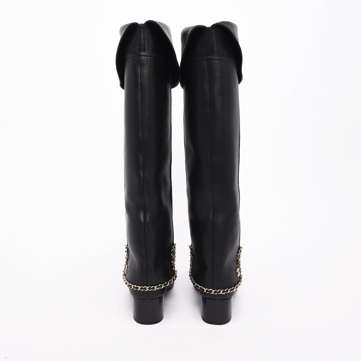Chanel Black Calfskin Knee High Chain Trim Boots 40.5