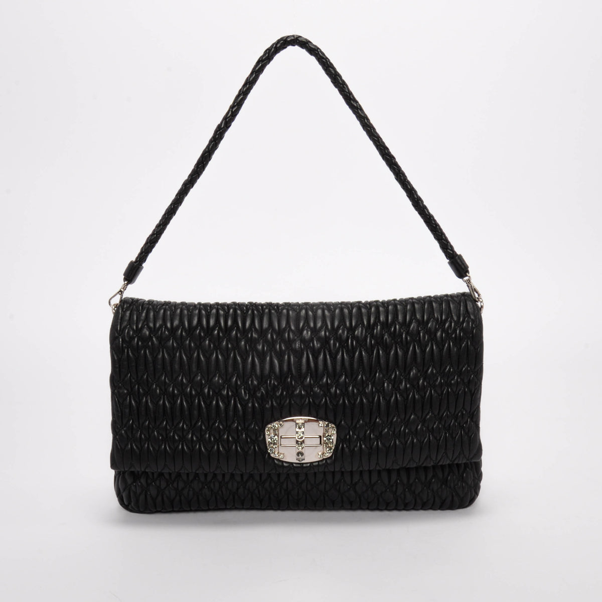 Miu Miu Black Matelasse Nappa Large Crystal Convertible Clutch