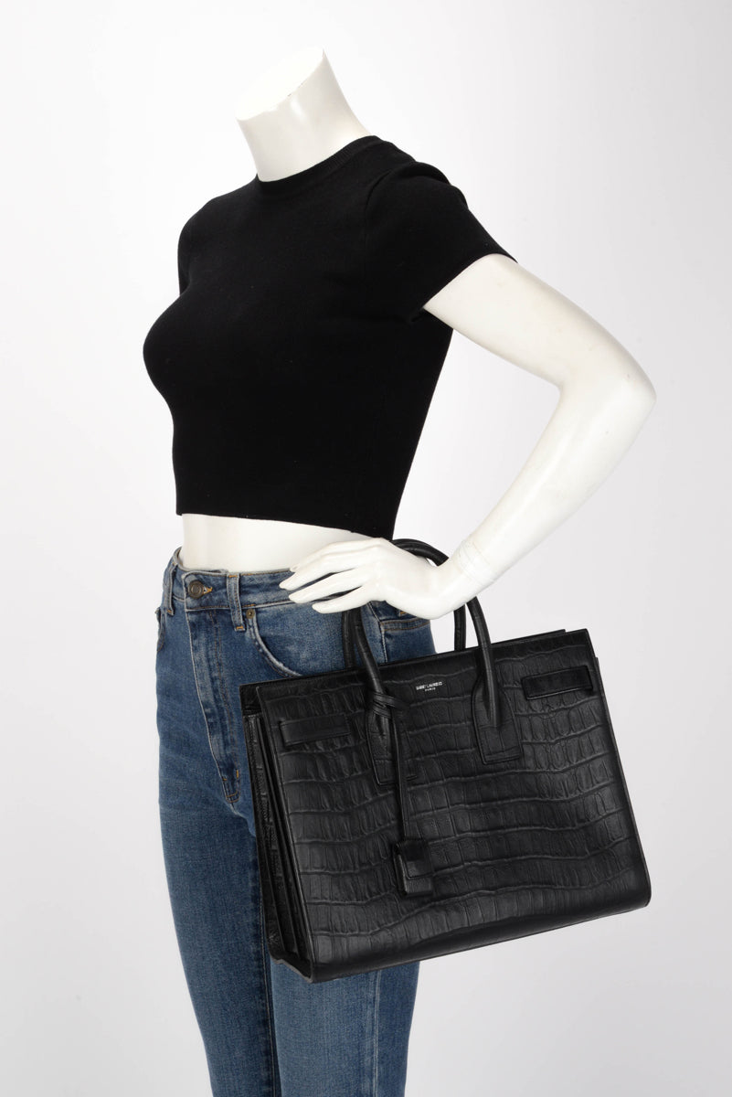 Saint Laurent Black Croc Embossed Small Sac de Jour Tote